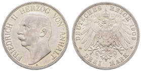 Silbermünzen des Kaiserreichs Anhalt
 3 Mark, 1909, Friedrich II., ss-vz. J. 23