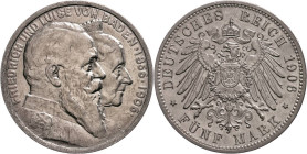 Silbermünzen des Kaiserreichs Baden
 5 Mark, 1906, Friedrich I. zur Goldenen Hochzeit, kl. Rf., vz-st. J. 35