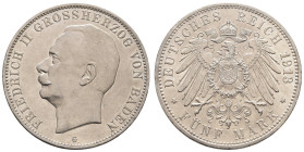 Silbermünzen des Kaiserreichs Baden
 5 Mark, 1913, Friedrich II., kl. Rf., vz. J. 40
