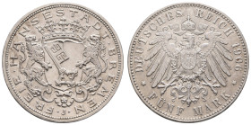 Silbermünzen des Kaiserreichs Bremen
 5 Mark, 1906, kl. Rf., ss. J. 60