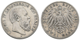 Silbermünzen des Kaiserreichs Hessen
 2 Mark, 1891, Ludwig IV., Randfehler, s-ss. J. 70