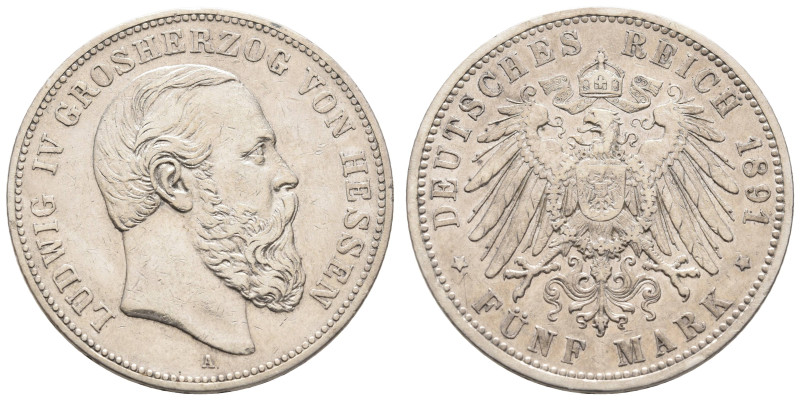 Silbermünzen des Kaiserreichs Hessen
 5 Mark, 1891, Ludwig IV., Kratzer und kl....