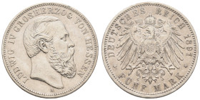 Silbermünzen des Kaiserreichs Hessen
 5 Mark, 1891, Ludwig IV., Kratzer und kl. Rf., ss. J. 71