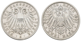 Silbermünzen des Kaiserreichs Lübeck
 2 Mark, 1907, kl. Rf., poliert, ss. J. 81