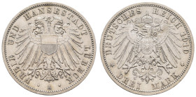 Silbermünzen des Kaiserreichs Lübeck
 3 Mark, 1910, wz. Rf., vz. J. 82