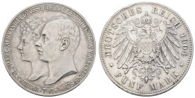 Silbermünzen des Kaiserreichs Mecklenburg-Schwerin
 5 Mark, 1904, Friedrich Franz IV., auf die Vermählung, Randfehler, ss-vz J. 87