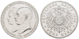 Silbermünzen des Kaiserreichs Mecklenburg-Schwerin
 5 Mark, 1904, Friedrich Franz IV., auf die Vermählung, kl. Kr. und Rf., vz J. 87
