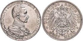 Silbermünzen des Kaiserreichs Preussen
 3 Mark, 1913, Wilhelm II., Regierungsjubiläum, wz. Kratzer im Aversfeld, kl. Rf., Erstabschlag, vz-st, J.112....