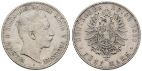 Silbermünzen des Kaiserreichs Preussen
 5 Mark, 1888, Wilhelm II., kl. Rf., Kratzer, ss. J. 101