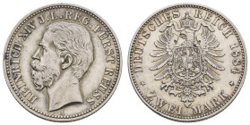 Silbermünzen des Kaiserreichs Reuss jüngere Linie
 2 Mark, 1884, Heinrich XIV., dunkle Patina, Avers ss, Revers f. vz. J. 120