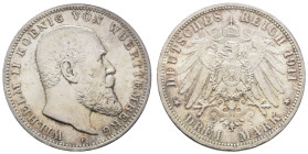 Silbermünzen des Kaiserreichs Württemberg
 3 Mark, 1911, Wilhelm II., kl. Kratzer, f. st. J. 175.
