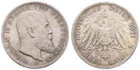 Silbermünzen des Kaiserreichs Württemberg
 3 Mark, 1911, Wilhelm II., wz. Rf., vz-st. J. 175.