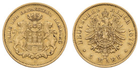 Goldmünzen des Kaiserreichs Hamburg
 5 Mark, 1877, kl. Rf., ss-vz. J. 208