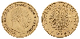 Goldmünzen des Kaiserreichs Preussen
 5 Mark, 1877, A, Wilhelm I., Kratzer, ss-vz. J. 244