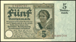 Banknoten Deutsche Reichsbanknoten 1874-1945
 Deutsche Rentenbank, 5 Rentenmark, 2.1.1926, brauner KN 7 stellig, Serie Z, Ro. 164 F, Erh. I-, unc. mi...