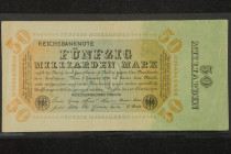 Banknoten Deutsche Reichsbanknoten 1874-1945
 5x 50 Mrd. Mark, 10.10.1923, 5 verschiedene Varianten Firmen- und Reichsdruck, Ro. 116 a, c, d, e, i. E...