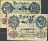 Banknoten Deutsche Reichsbanknoten 1874-1945
 2x 20 Mark 21.4.1910, zwei Varianten. Ro.40b/I, und 41/ II.