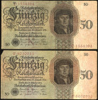Banknoten Deutsche Reichsbanknoten 1874-1945
 2x 50 Reichsmark 11.10.1924, KN 7-stellig rot, Udr.- Bst. D/Serie F (rechts links Ecke Fehlstück) und U...