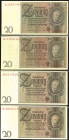 Banknoten Deutsche Reichsbanknoten 1874-1945
 4x 20 Reichsmark, 22.1.1929, 3 Varianten, Friedensdruck, Zwischenform und Kriegsdruck, Ro. 174a, b, 2x ...