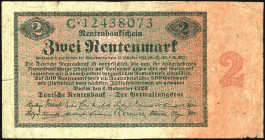 Banknoten Deutsche Reichsbanknoten 1874-1945
 Deutsche Rentenbank, 2 Rentenmark 1.11.1923, KN 8stellig, Serie C. Ro. 155, Erh. IV.