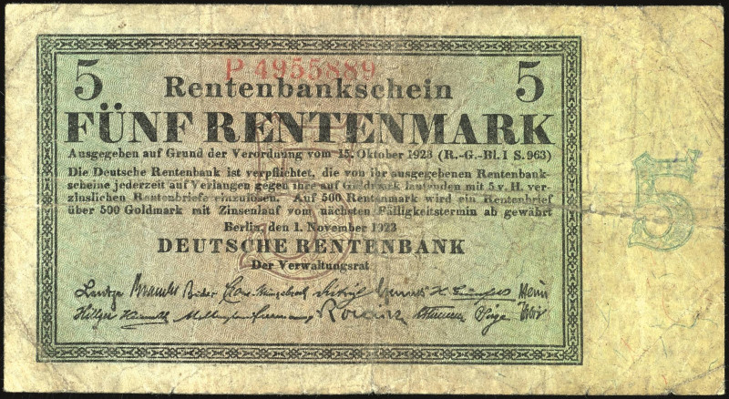 Banknoten Deutsche Reichsbanknoten 1874-1945
 Deutsche Rentenbank, 5 Rentenmark...