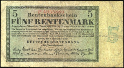 Banknoten Deutsche Reichsbanknoten 1874-1945
 Deutsche Rentenbank, 5 Rentenmark 1.11.1923, KN 7stellig, Serie P. Ro. 156b, Erh. IV.