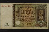 Banknoten Deutsche Reichsbanknoten 1874-1945
 Deutsche Rentenbank, 50 Rentenmark 6.07.1934, KN 7stellig, Serie A. Ro.165, Erh. III-IV.