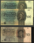 Banknoten Deutsche Reichsbanknoten 1874-1945
 Reichbankdirektorium, 50 Reichsmark L/ S und 100 (2x) Reichsmark B/C, 11.10.1924, Ro. 170a, 171 a, Erh....