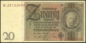Banknoten Deutsche Reichsbanknoten 1874-1945
 20 Reichsmark 22.1.1929, Udr: Z/ Ser. H25722699, Ros. 174a/ P181, Erh. I