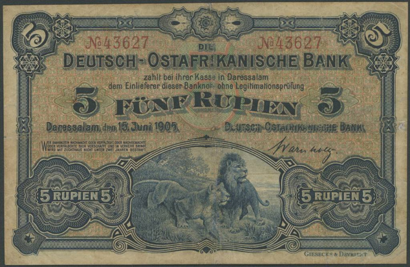 Banknoten Geldscheine der deutschen Kolonien
 DOA, 5 Rupien, 1905, geglättet, ü...