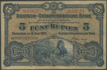 Banknoten Geldscheine der deutschen Kolonien
 DOA, 5 Rupien, 1905, geglättet, übliche Bedarfsspuren, 15.6.1905, Rosenberg 900, dazu zwei 1 Rupie Inte...