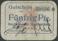 Banknoten Geldscheine der deutschen Kolonien
 Deutsch-Südwestafrika, 50 Pfennig, ohne Jahr (1916), Swakopmunder Buchhandlung, Gutschein 30036* mit zw...