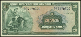 Banknoten Geldscheine Deutsche Bundesbank
 Bank deutscher Länder Serie 1949, 20 DM 22.8.1949, P/G, Ro. 260, Erh. I unc.