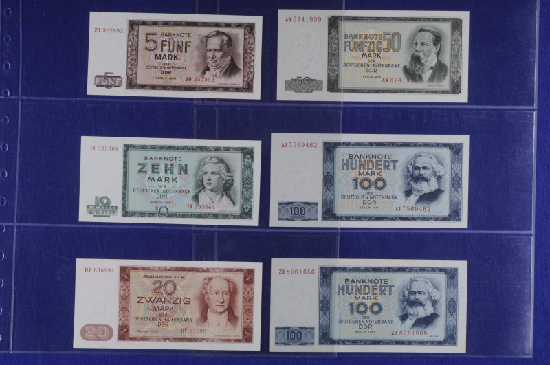 Banknoten Banknoten DDR
 Deutsche Notenbank, Serie 1964, zu 5, 10, 20, 50, 100 ...