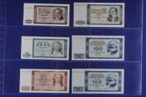 Banknoten Banknoten DDR
 Deutsche Notenbank, Serie 1964, zu 5, 10, 20, 50, 100 Mark 1964, dabei Austauschnote ZB 8961656 ( Erh. II), insg. 6 Scheine,...
