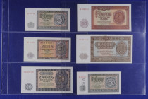 Banknoten Banknoten DDR
 Deutsche Notenbank, Serie 1955 zu 5, 10, 20, 50 und 100 Mark, dabei 50-er und 100-er Ersatznoten "YA", 5-er Musterschein Per...
