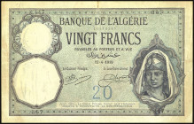 Banknoten Banknoten Afrika und Naher Osten
 Algerien, 20 Francs 12.4.1919, Frühe Ausgabe. P-78a, Einrisse, Stiche, Erh. IV.