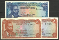 Banknoten Banknoten Afrika und Naher Osten
 Kenya, Banki Kuu Ya Kenya, 5 Schillings 1975, 1977 (P- 11) und 20 Schillings 1.7.1976 (P- 13c), Erh. I.