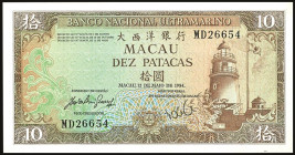 Banknoten Banknoten Asien
 Macau, 10 Patacas 12.5.1984, mit Signatur "VICE PRESIDENTE", P. 59d, Erh. I.