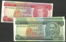 Banknoten Banknoten Mittelamerika und Karibikregion
 Barbados, Central Bank of Barbados, 1 Dollar o. D. (1973) und 5 (2x) Dollars o.D. (1975) mit for...