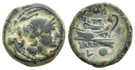 REPÚBLICA ROMANA. Anónima. Uncia. Luceria (214-212 a.C.). A/ Cabeza de Roma a der. R/ Proa a der., encima ROMA, debajo L y glóbulo. AE 6,77 g. 18,3 mm...
