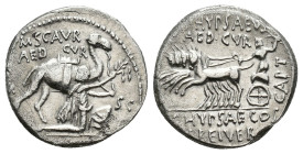 REPÚBLICA ROMANA. AEMILIA. M. Aemilius Scaurus y Pub. Plautius Hypsaeus. Denario. Roma (58 a.C.). A/ Aretas de rodillas a der. con rama de olivo, dela...