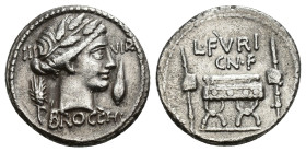 REPÚBLICA ROMANA. FURIA. L. Furius Cn. F Brocchus. Denario. Roma (63 a.C.). A/ Cabeza de Ceres a der. entre grano y espiga; III-VIR/BROCCHI. R/ Silla ...