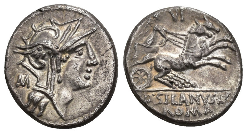 REPÚBLICA ROMANA. JUNIA. D. Iunius Silanus. Denario forrado. Roma (91 a.C.). A/ ...