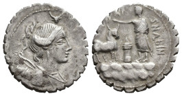 REPÚBLICA ROMANA. POSTUMIA. A. Postumius Albinus. Denario serratus. Roma (81 a.C.). A/ Busto de Diana a der. con arco y carcaj, encima bucráneo. R/ Es...