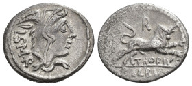 REPÚBLICA ROMANA. THORIA. L. Thorius Balbus. Denario. Norte de Italia (105 a.C.). A/ Cabeza de Juno Sospita a der., detrás ISMR. R/ Toro corriendo a d...