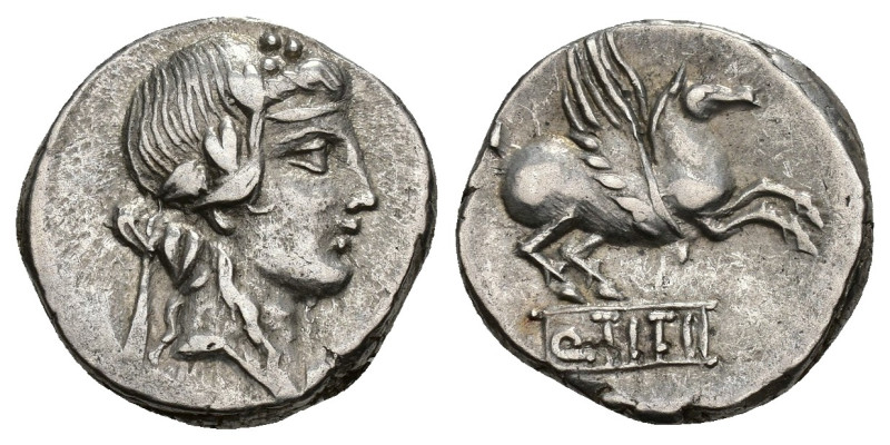 REPÚBLICA ROMANA. TITIA. Q. Titius. Denario. Roma (90 a.C.). A/ Cabeza de Liber ...