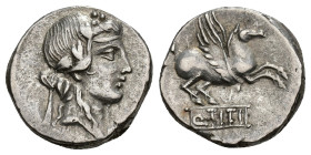 REPÚBLICA ROMANA. TITIA. Q. Titius. Denario. Roma (90 a.C.). A/ Cabeza de Liber a der. R/ Pegaso a der., debajo Q TITI en cartela. AR 3,94 g. 16,85 mm...