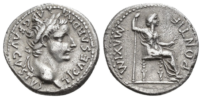 IMPERIO ROMANO. TIBERIO. Denario. Lugdunum (36-37 d.C.). A/ Cabeza laureada a de...