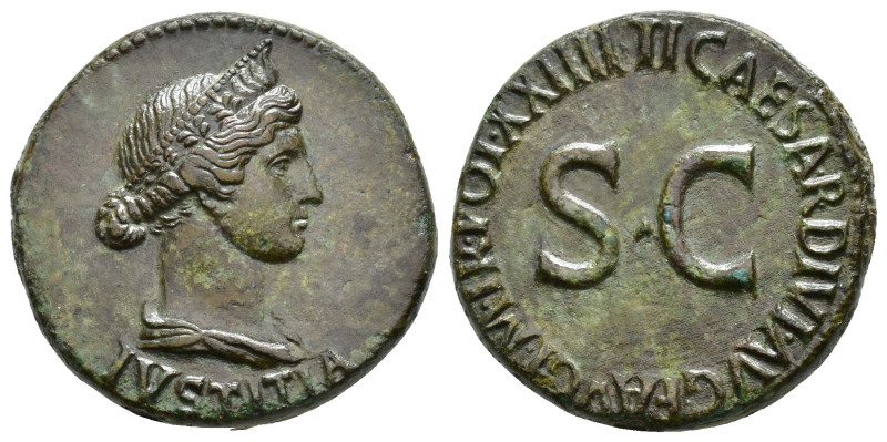 IMPERIO ROMANO. TIBERIO. Dupondio. Roma (22-23 d.C.) A/ Busto femenino (¿Livia),...